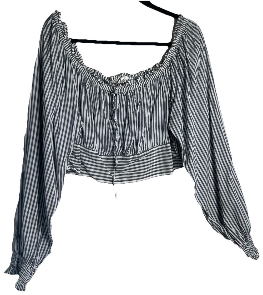 Aerie Blue White Striped Peasant Crop Top Smock Off Shoulder Long Sleeve XL NWOT
